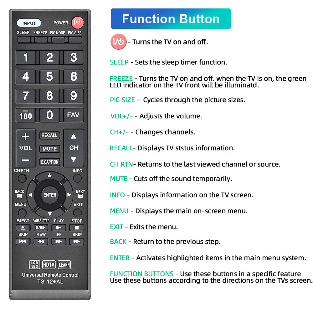 New Replacement Universal Remote CT-90325 for Toshiba BRAND TV, Smart TV - 1 Year Warranty(TS-12+AL)