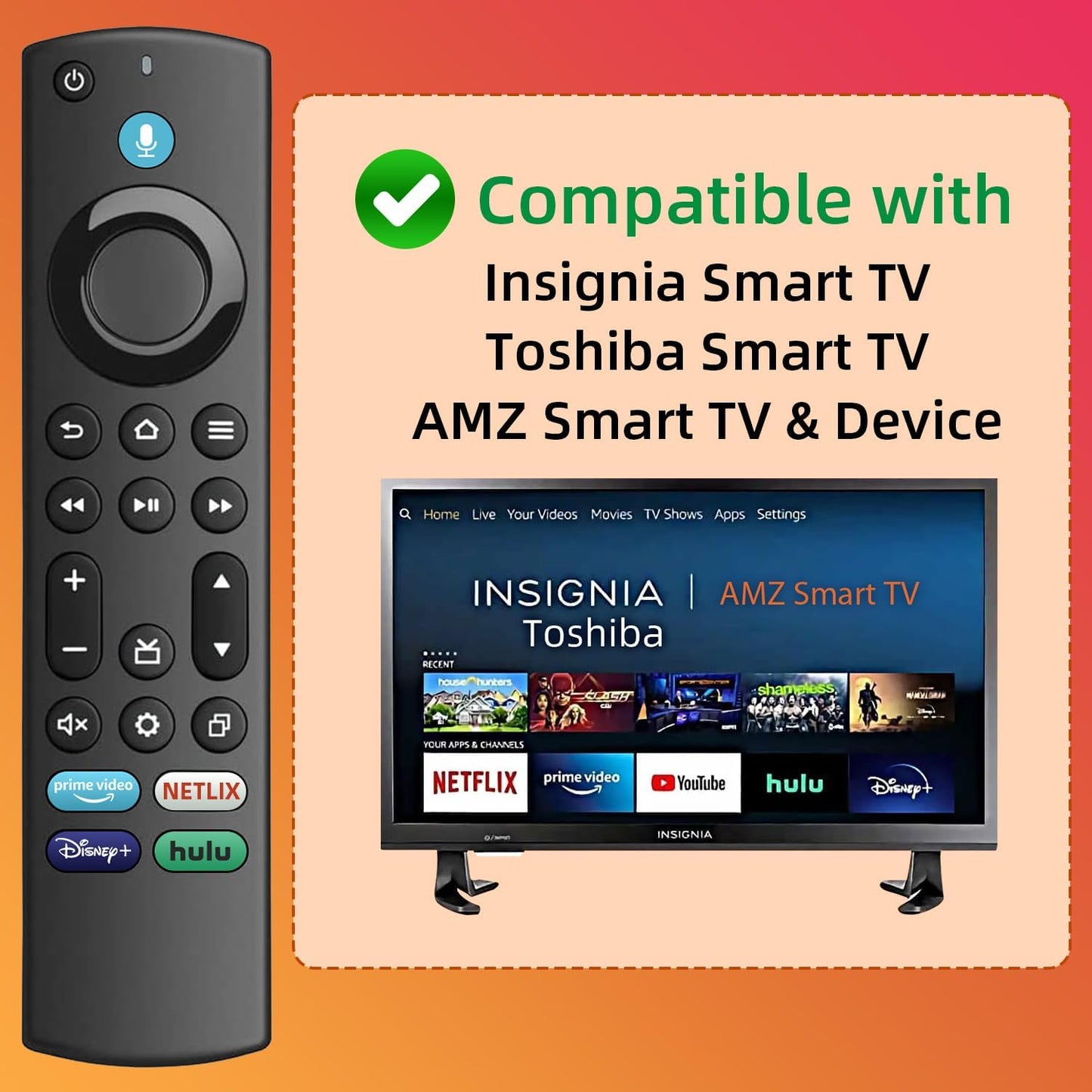 Replacement Voice Remote for Insignia/Toshiba/Hisense/AMZ/TCL/Pioneer Fire Smart TVs, Compatible with AMZ 1/2/3/4 Gen Streaming Device 1-Year