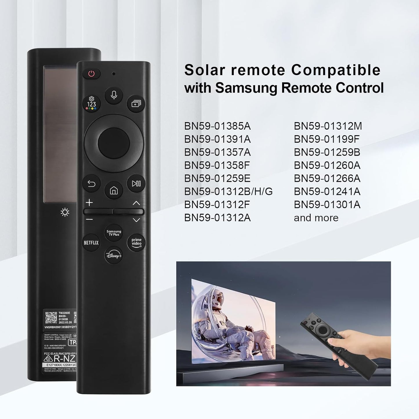 for Samsung TV Remote BN59-01385A, Compatible with Samsung Smart TV 2019-2025,Solar Charging Voice Remote, USB-C Rechargeable, Bluetooth Pairing, 4 App Shortcuts, Black
