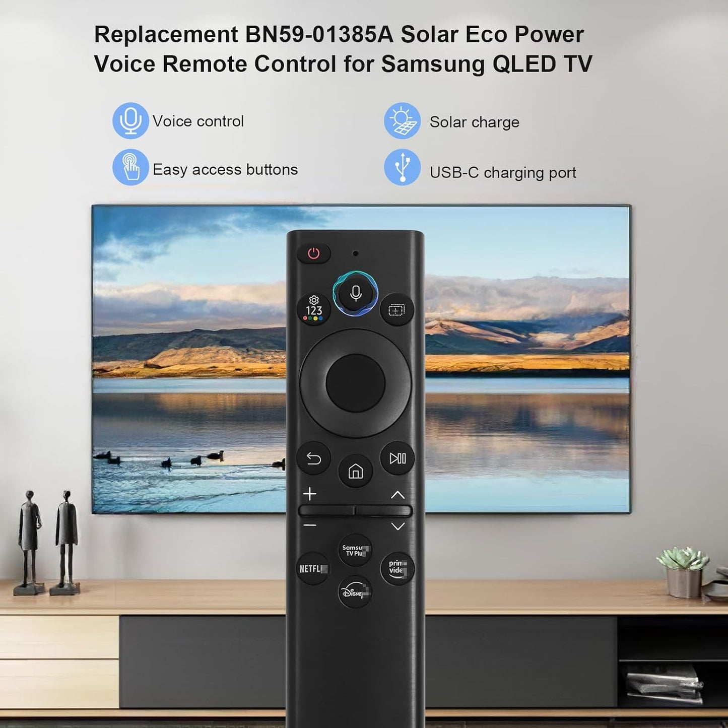 for Samsung TV Remote BN59-01385A, Compatible with Samsung Smart TV 2019-2025,Solar Charging Voice Remote, USB-C Rechargeable, Bluetooth Pairing, 4 App Shortcuts, Black